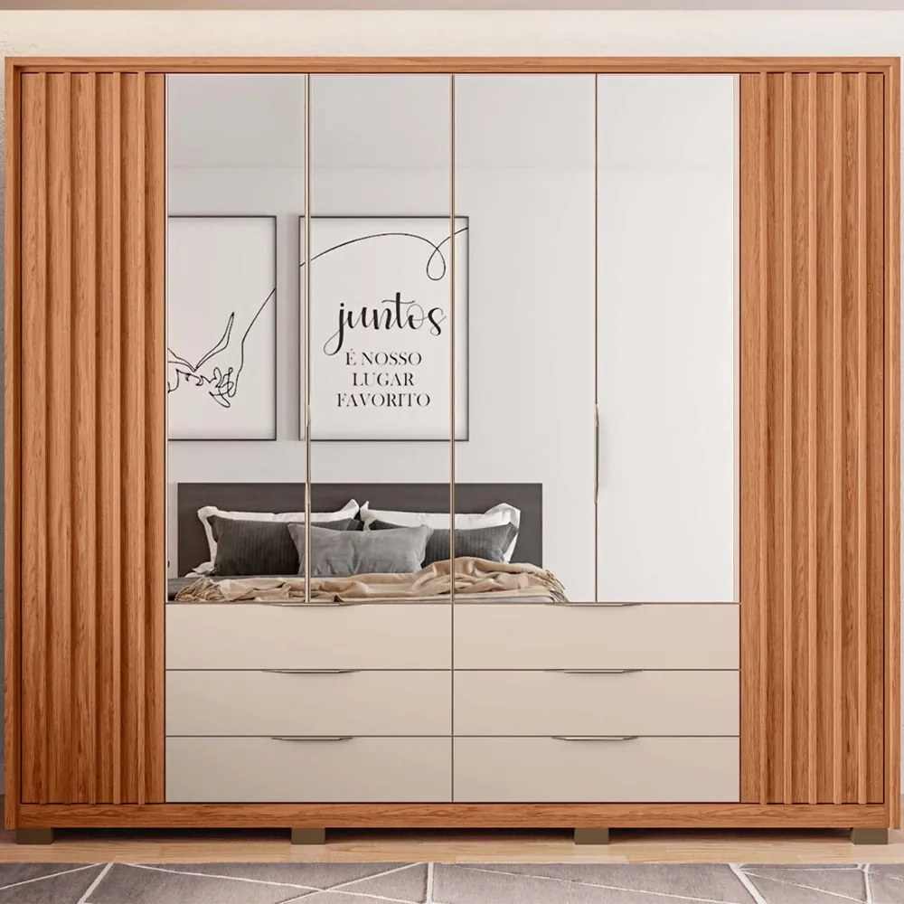 Guarda Roupa Essence Casal Ripado 6 Portas de bater com 4 Espelhos e 6 Gavetas MDP Freijo/OffWhite G11 - Gran Belo