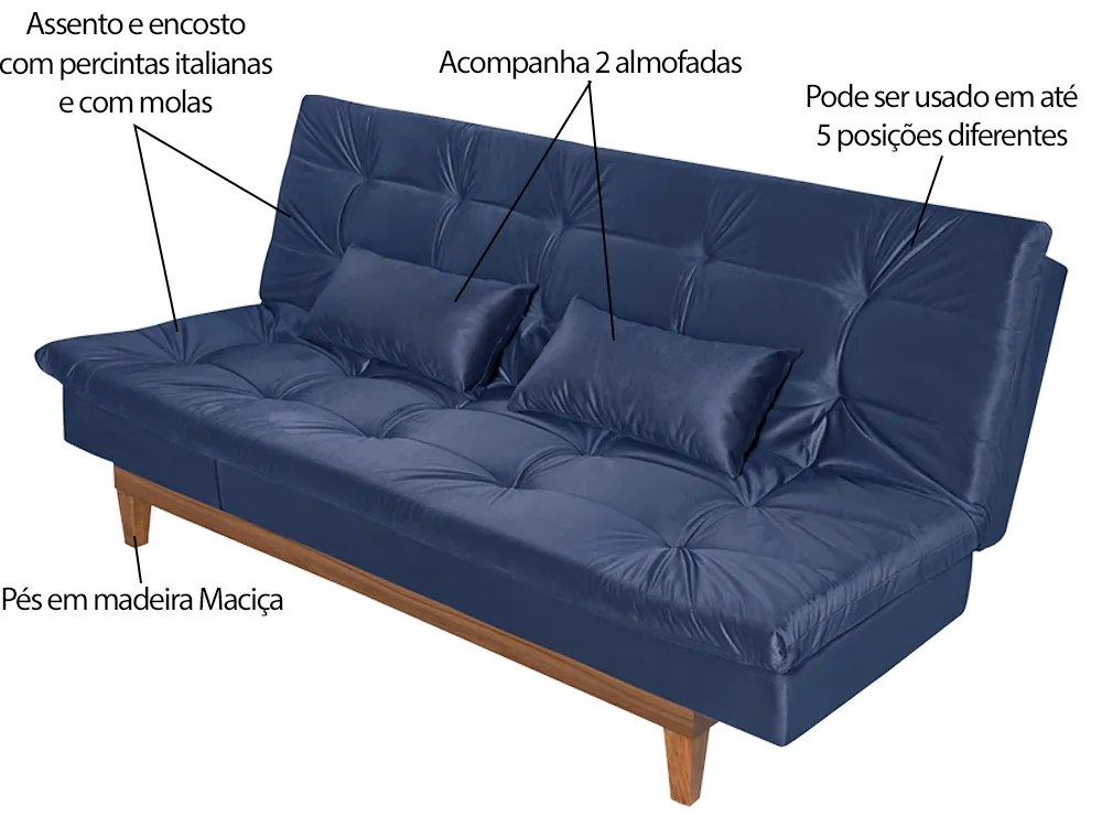 Sofá Cama Reclinável 2 Lugares Change Veludo Azul G30 - Gran Belo
