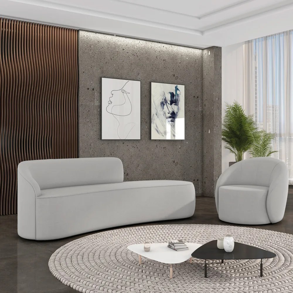 Sofá 4 Lugares Orgânico 220cm Morgan e Poltrona Lua Suede D03 - D'Rossi - Cinza
