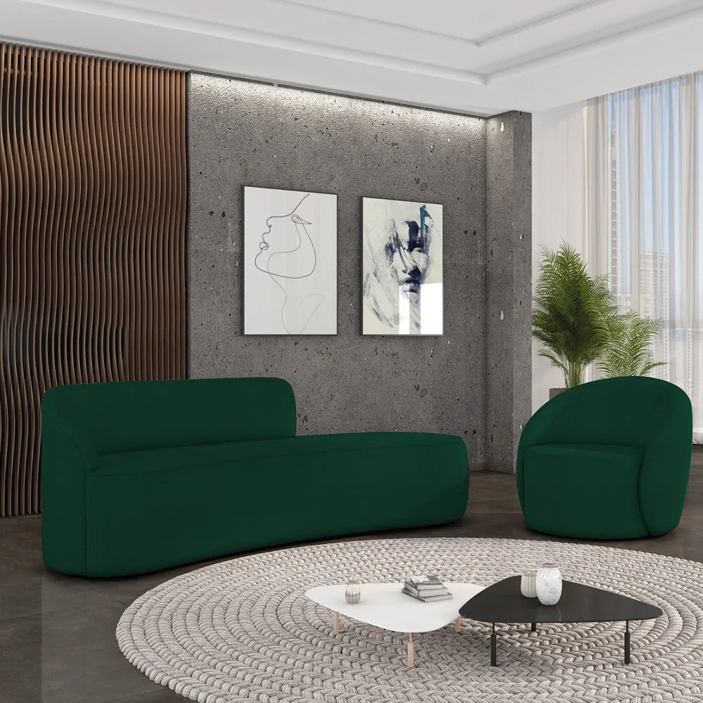 Sofá 4 Lugares Orgânico 220cm Morgan e Poltrona Lua Bouclê - Verde - Verde