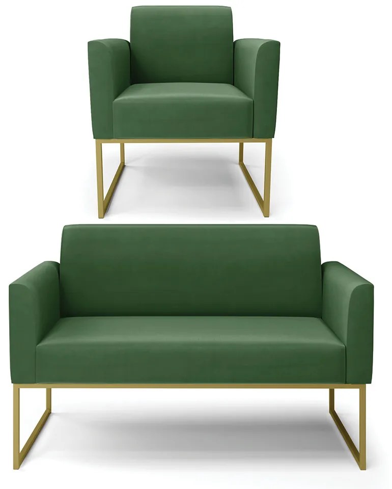 Sofá Namoradeira com Poltrona Base Industrial Dourado Marisa Suede D03 - D'Rossi - Verde