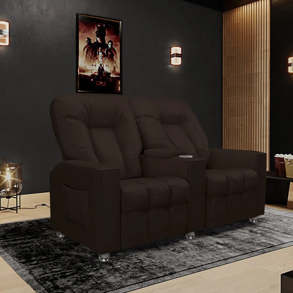 Poltrona Reclinável 2 Lugares para Sala de Cinema Pequim PU Marrom G23 - Gran Belo