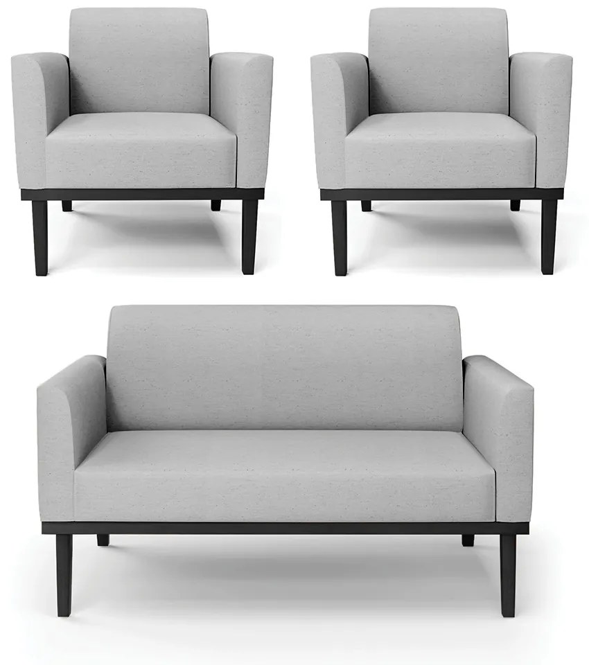 Conjunto 2 Poltronas e 1 Namoradeira Decorativa Isabella Pés Fixo em Madeira Preto Linho Cinza G19 - Gran Belo