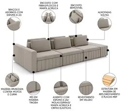 Sofá Ilha e Puff Sala Living 335cm Siesta M22 Veludo Bege - Mpozenato