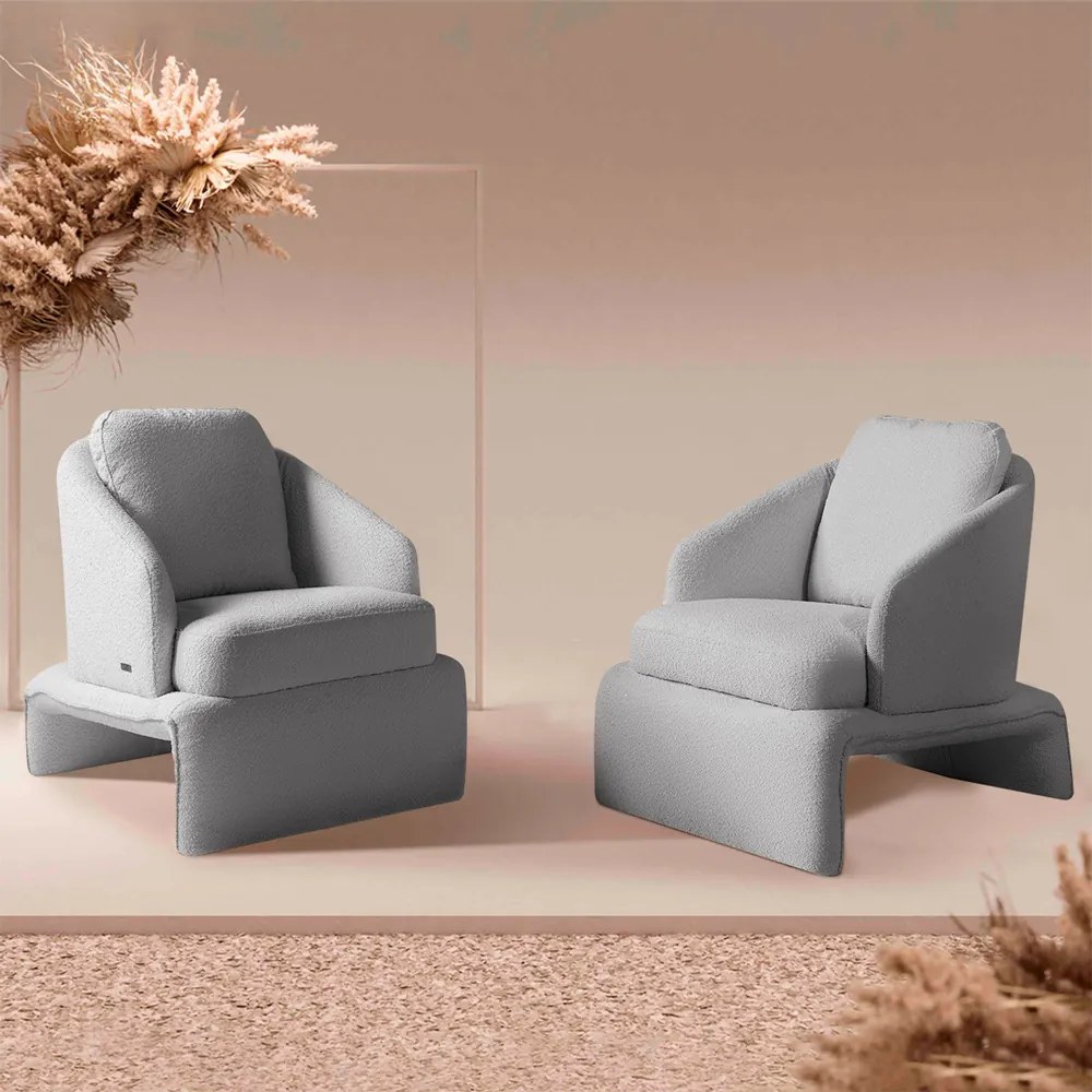 Kit 2 Poltronas Design Sala de Estar Califa Encosto Almofadado Bouclê Cinza G92 - Gran Belo