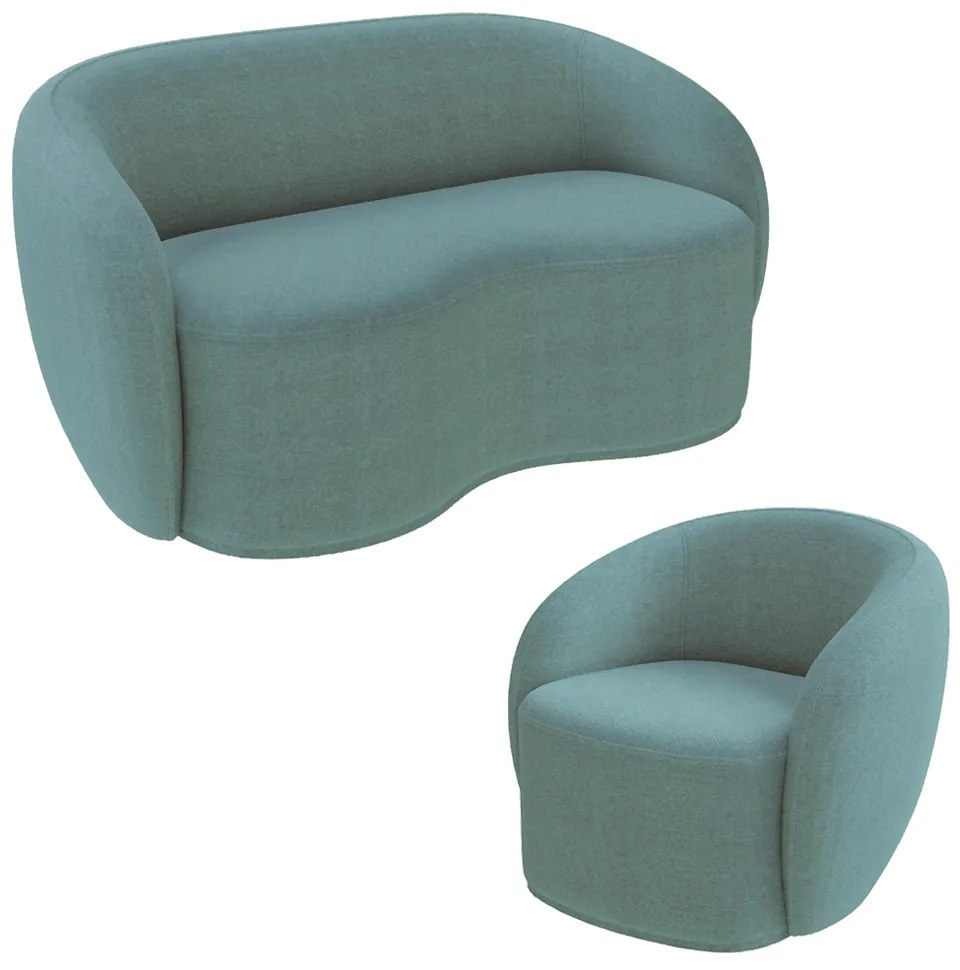 Conjunto 1 Sofá Living 180cm e 1 Poltrona Decorativa Sala de Estar Íbis Encosto Fixo Bouclê Azul G33 - Gran Belo