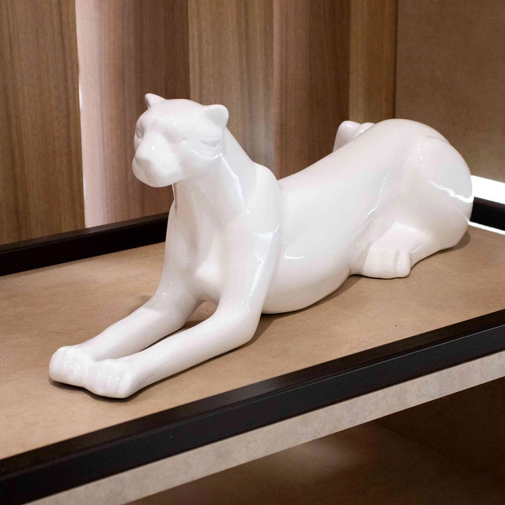 Escultura Decorativa Onça Deitada Branco 17,5x52x13 Cm - D'Rossi