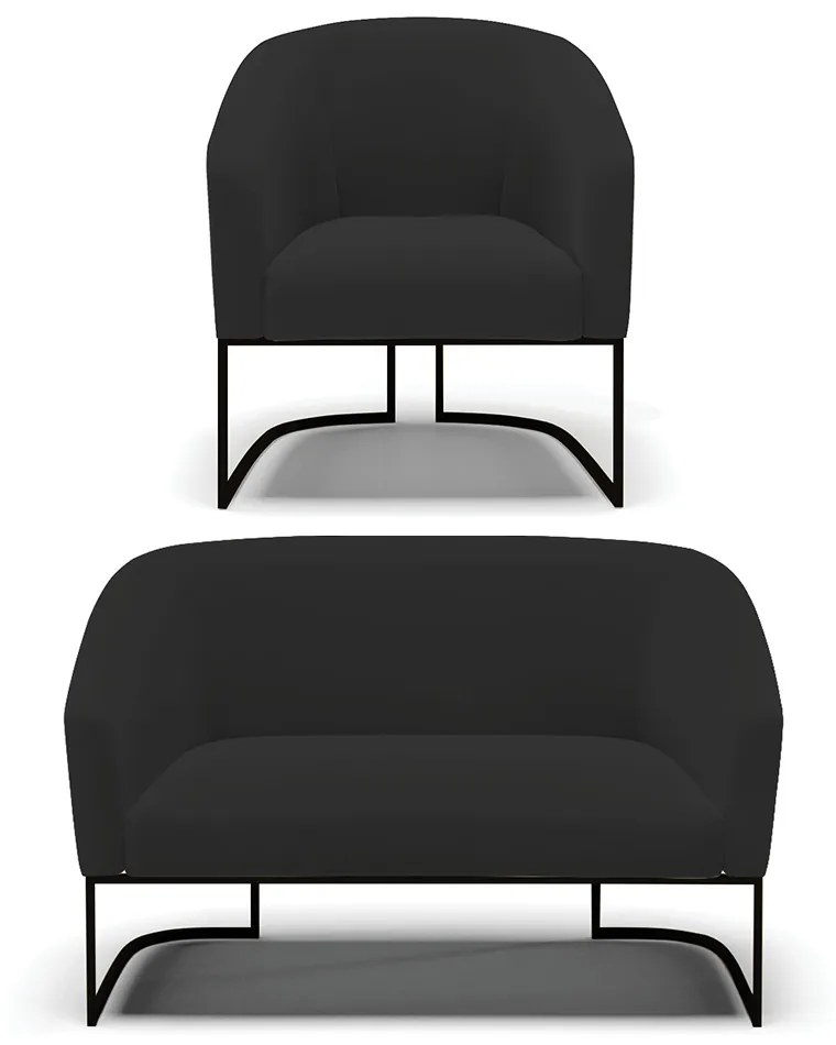 Sofá Namoradeira e Poltrona Base Industrial Preto Stella Veludo D03 - D'Rossi - Preto