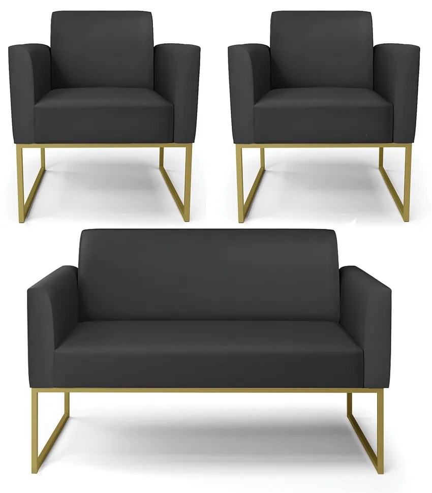 Sofá Namoradeira com 2 Poltronas Base Industrial Dourado Marisa Corino D03 - D'Rossi - Preto