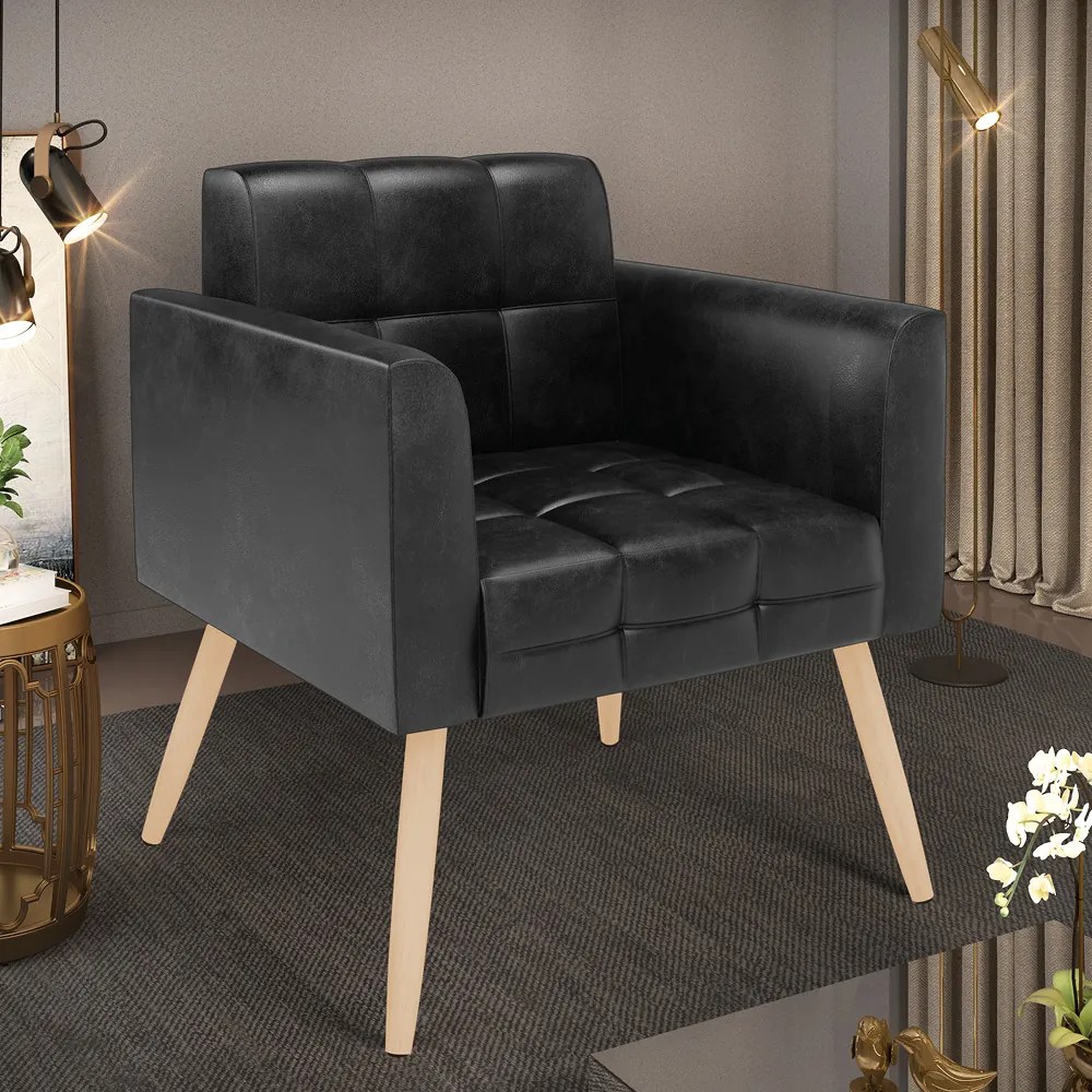 Poltrona Elisa Corano Preto Pés Palito Natural D03 - D'Rossi