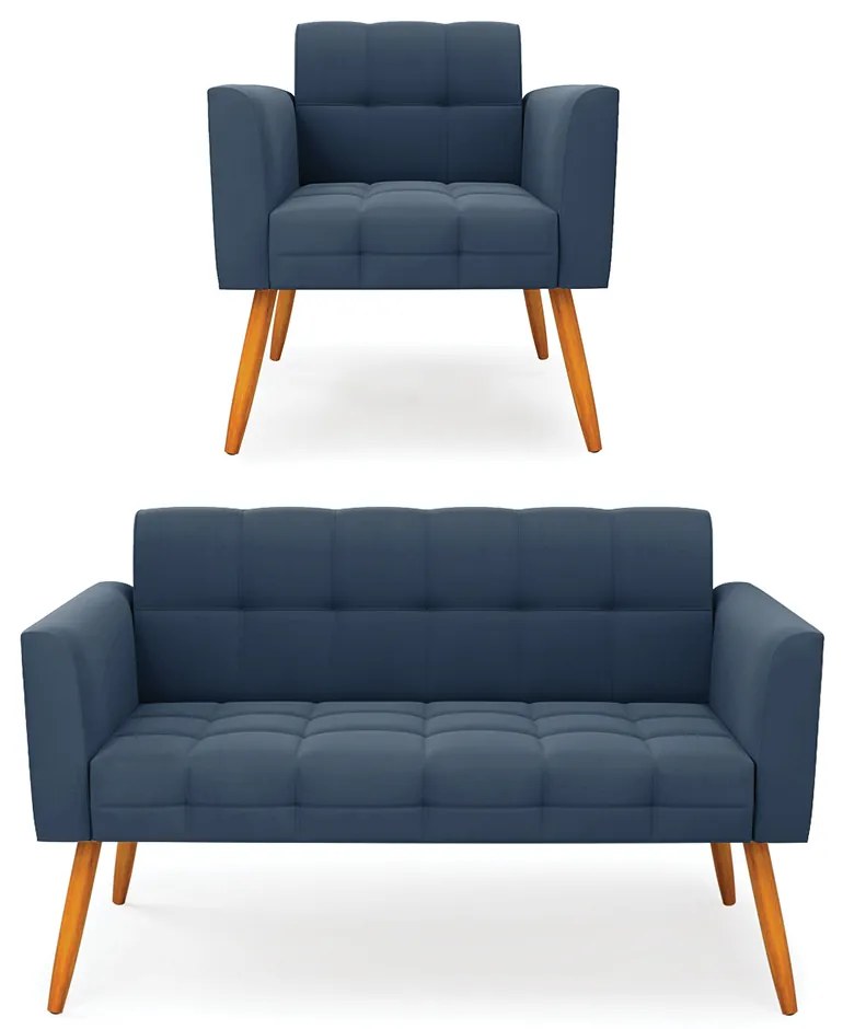 Kit 1 Sofá Namoradeira e 1 Poltrona Elisa Suede Pés Palito Castanho D03 - D'Rossi - Azul Marinho