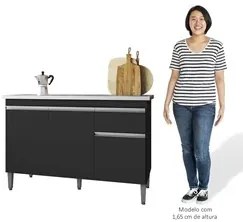Balcão Gabinete Com Pia Inox 120cm 3 Portas e 1 Gaveta Tatiane Preto -