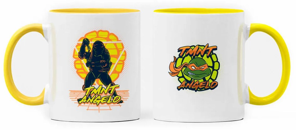 Caneca Tartarugas Ninjas Michelangelo Geek Nerd Branca com Alça Amarelo