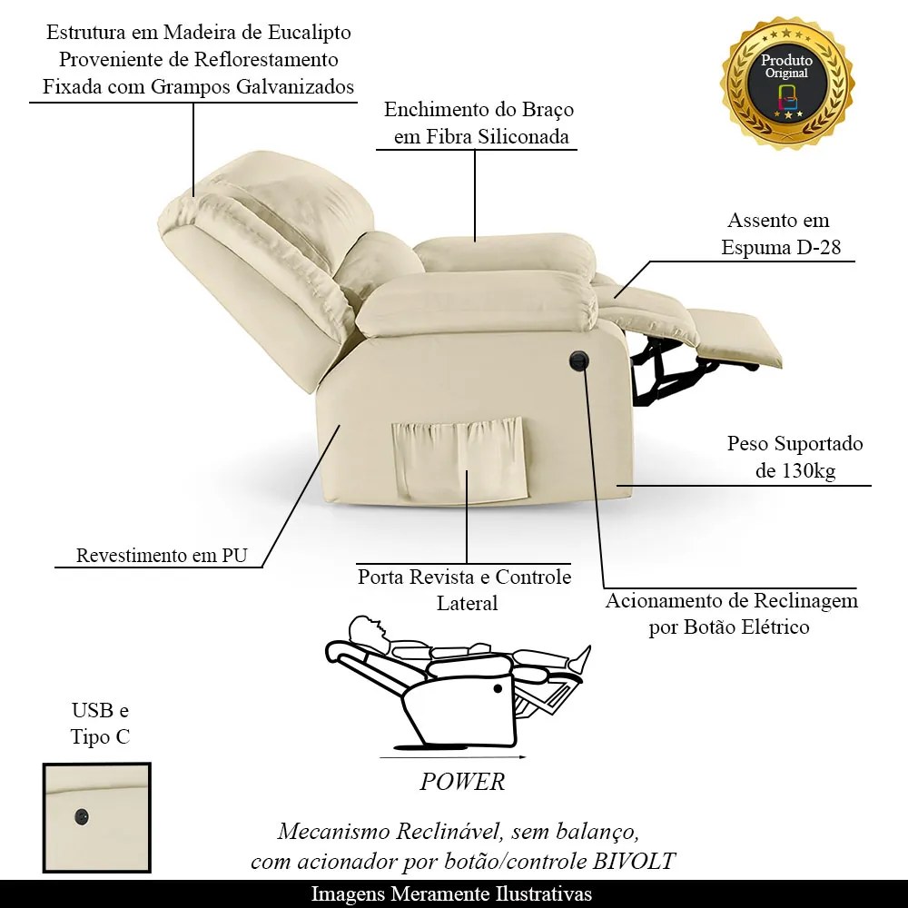 Poltrona do Papai Reclinável Sala de Cinema Madrid Power Elétrica USB PU Bege  G23 - Gran Belo