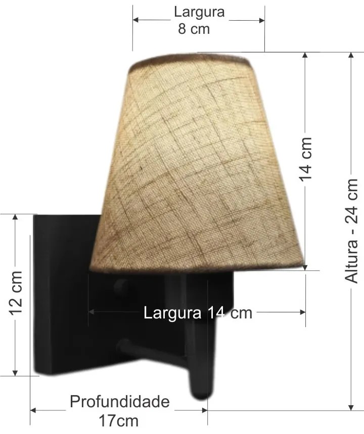 Arandela Quadrada Md-2034 Preto Cúpula em Tecido Cone Rustico Bege - Bivolt