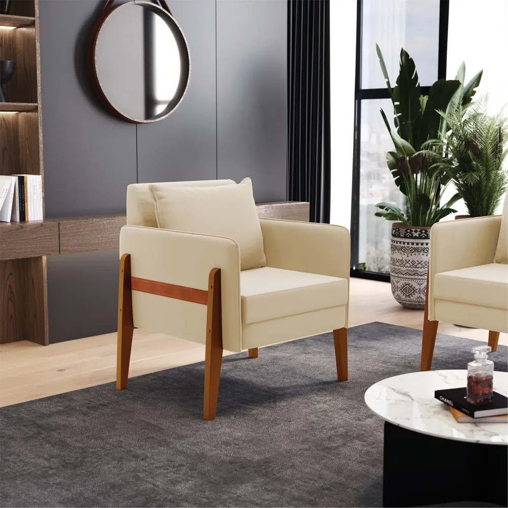 Poltrona Lana Suede Bege Base de Madeira
