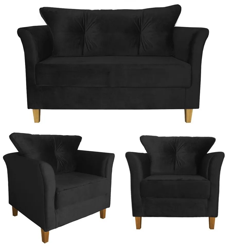 Kit Namoradeira + 2 Poltronas Ibis Sala Recepção Suede Preto