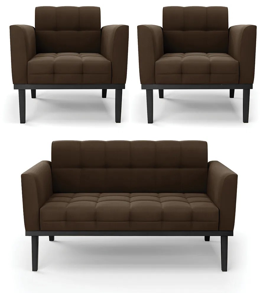 Conjunto 2 Poltronas e 1 Namoradeira Decorativa Karen Pés Fixo em Madeira Preto Suede Marrom 19 - Gran Belo