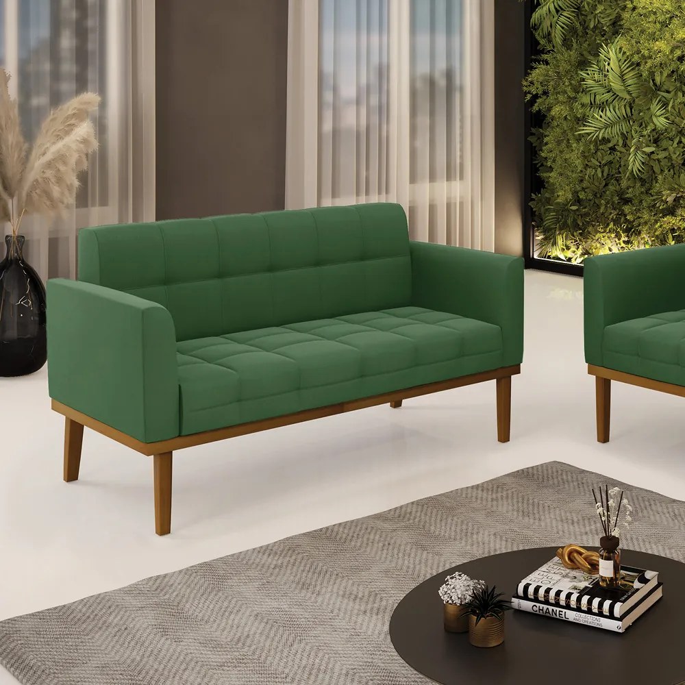 Sofá Namoradeira 2 Lugares Base de Madeira Castanho Elisa Suede D03 - DRossi - Verde