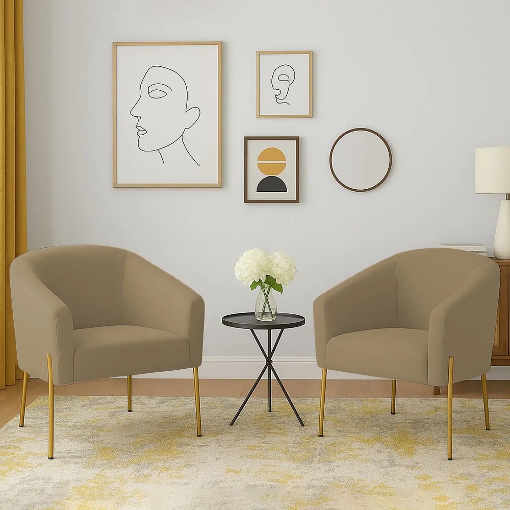 Poltrona Decorativa Pé de Ferro Dourado Kit 2 Stella Suede D03 - D'Rossi - Marrom Rato