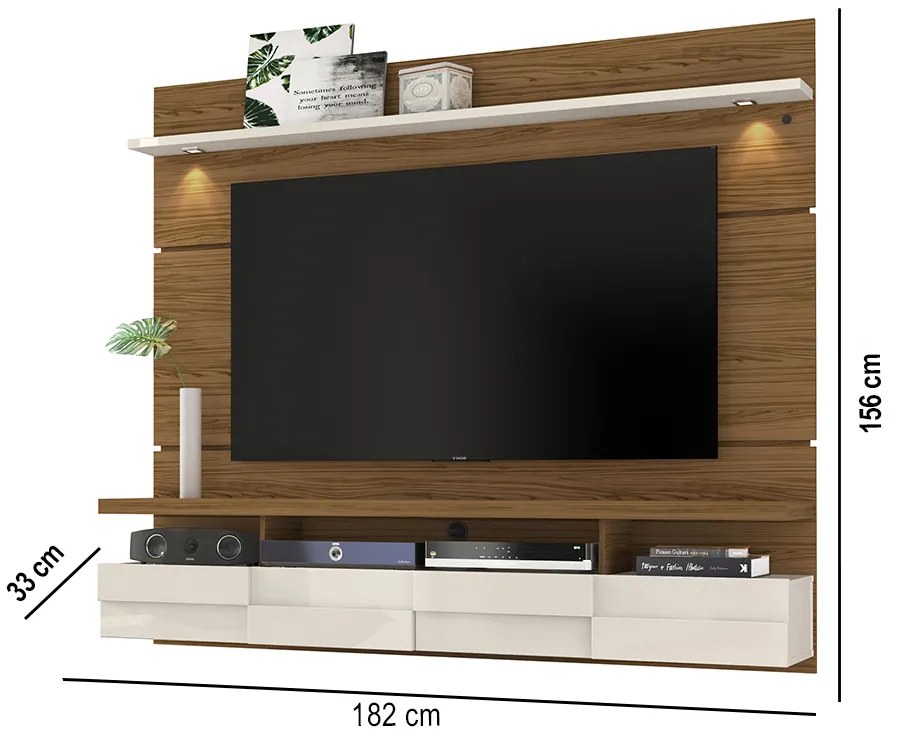 Painel TV 60 Pol 182cm Bancada Suspensa para Sala Quelen M20 - D'Rossi - Naturale e Off White