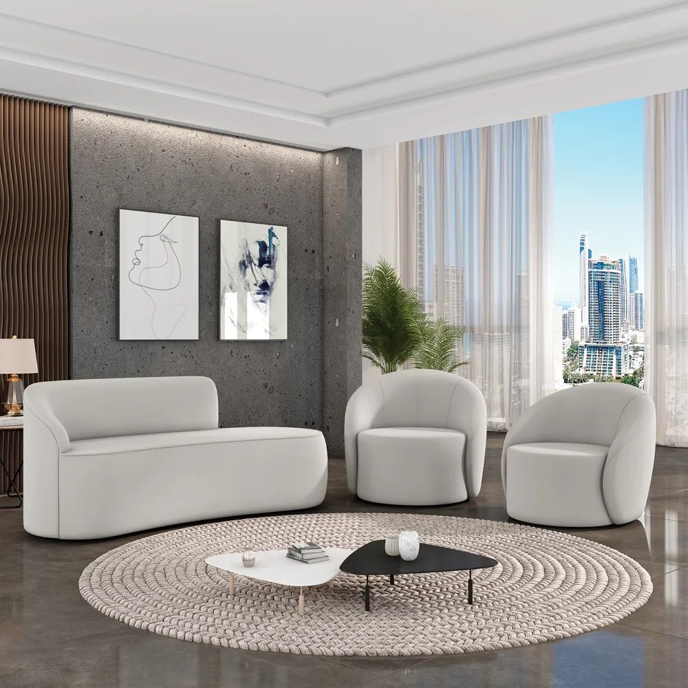 Sofá 3 Lugares Orgânico 180cm Morgan e 2 Poltronas Lua Veludo Cinza D03 - D'Rossi