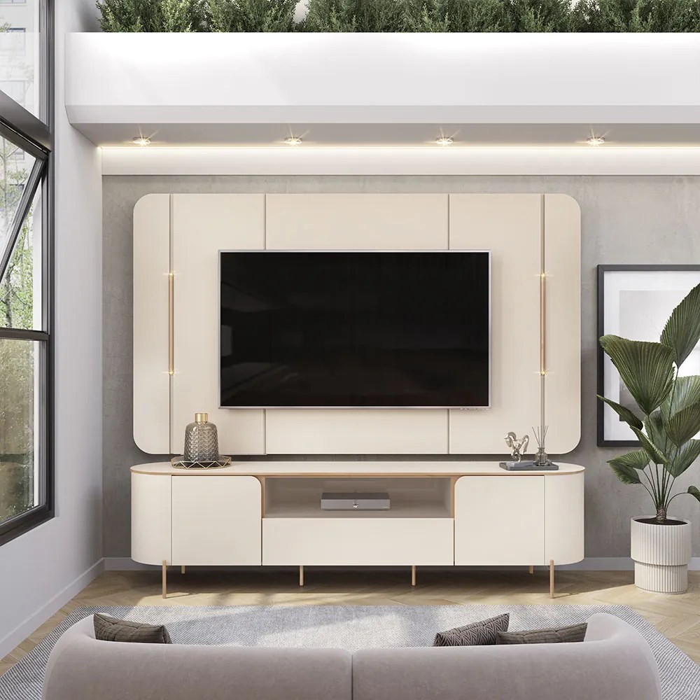 Painel e Bancada TV 75" Floro Frisos Chanfrados 2 Portas OffWhite G18 - Gran Belo