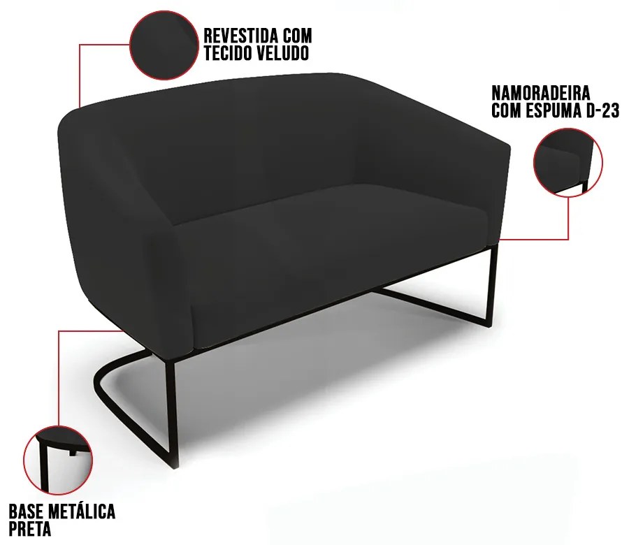 Sofá 2 Lugares Namoradeira Industrial Preto Stella Veludo Preto D03 - D'Rossi