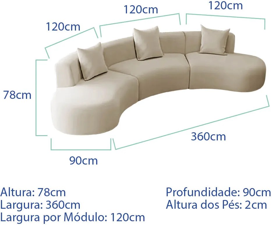 Kit Sofá Modular 4 Lugares 360cm Moderno Curvo Orgânico Duna Linho