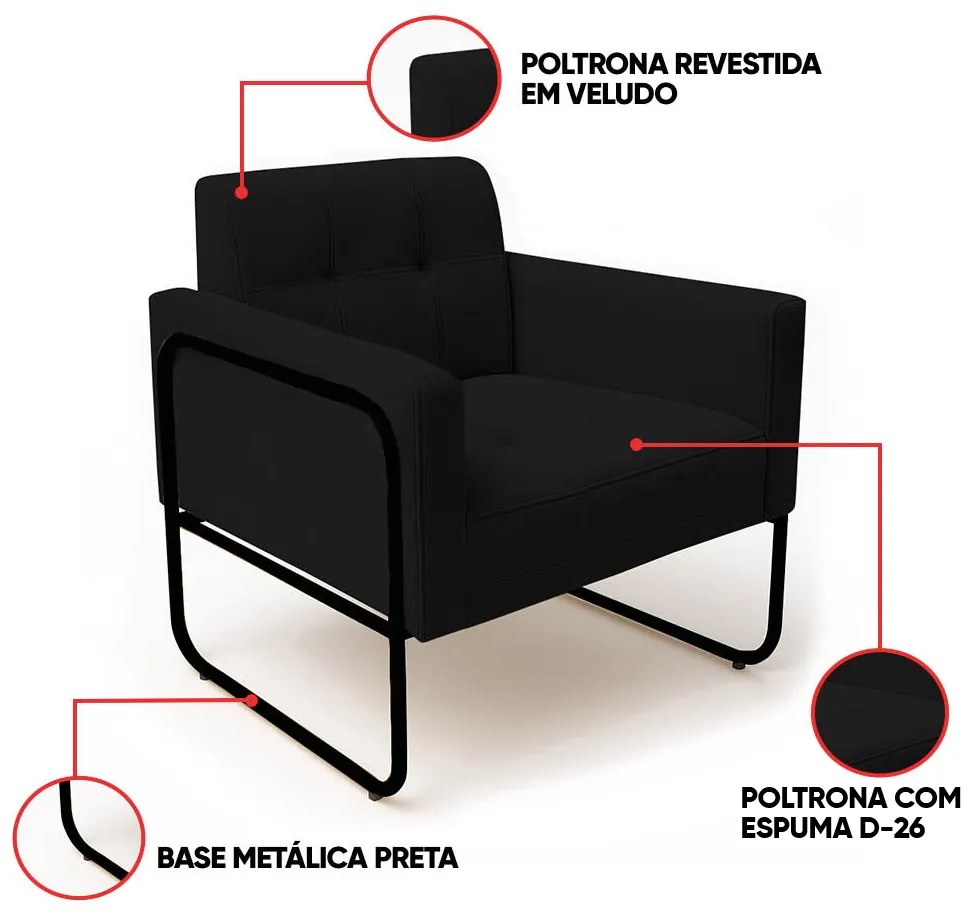 Poltrona Sala Industrial Alta Tubo Preto Elisa Veludo D03 - D'Rossi - Preto