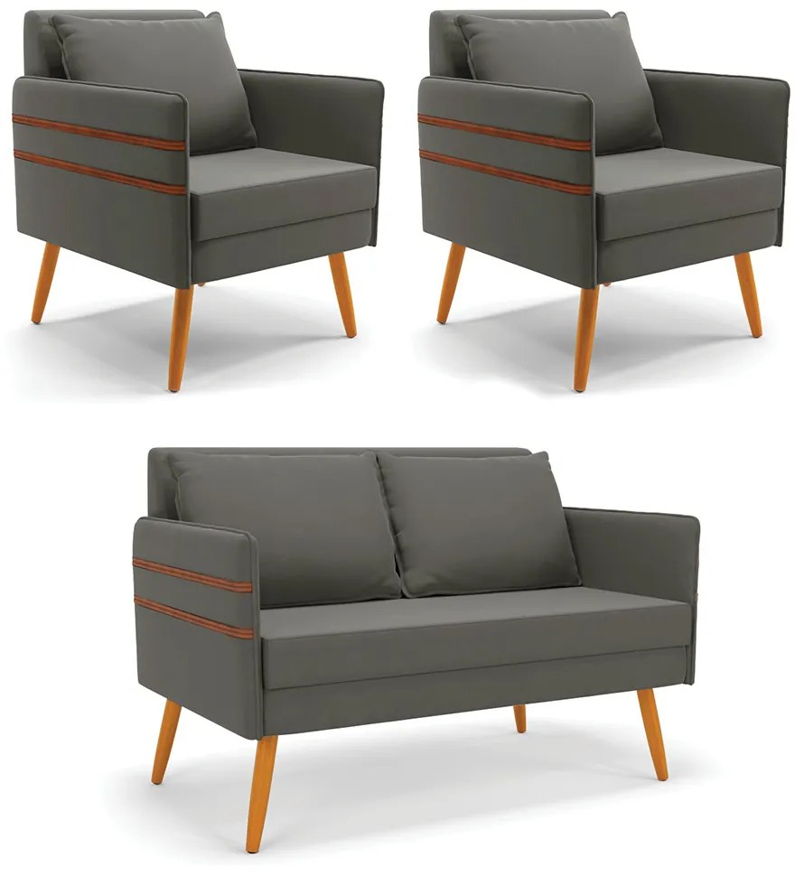 Kit 1 Namoradeira 02 Lugares e 2 Poltronas Mari Suede Grafite Pés Palito Castanho - D'Rossi