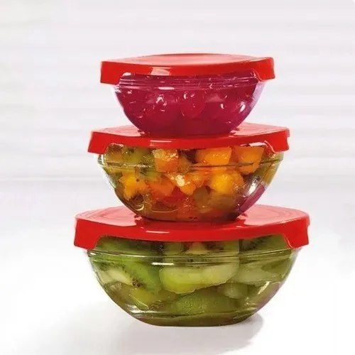 Conjunto de Potes de Vidro Com Tampa Vermelho (3 Peças)