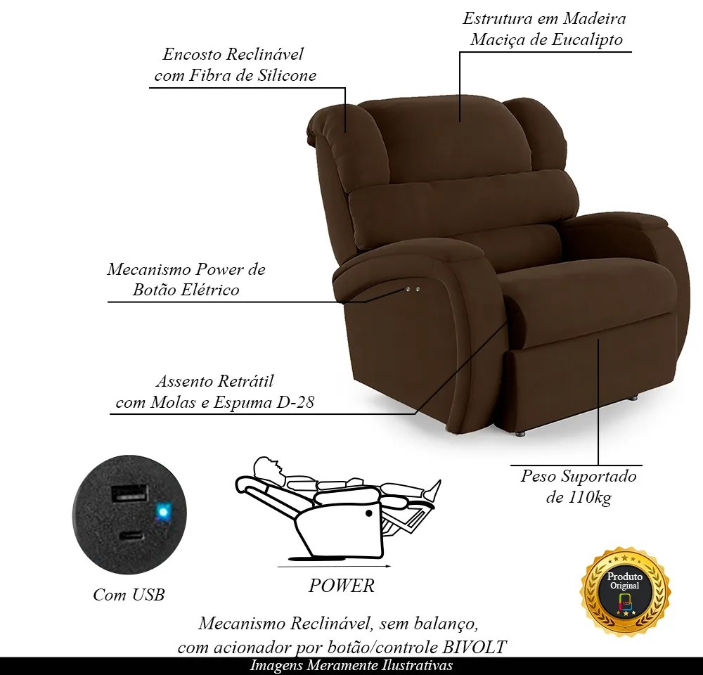 Poltrona do Papai Sala de Cinema Reclinável Kylie Power Touch USB Veludo Marrom G23