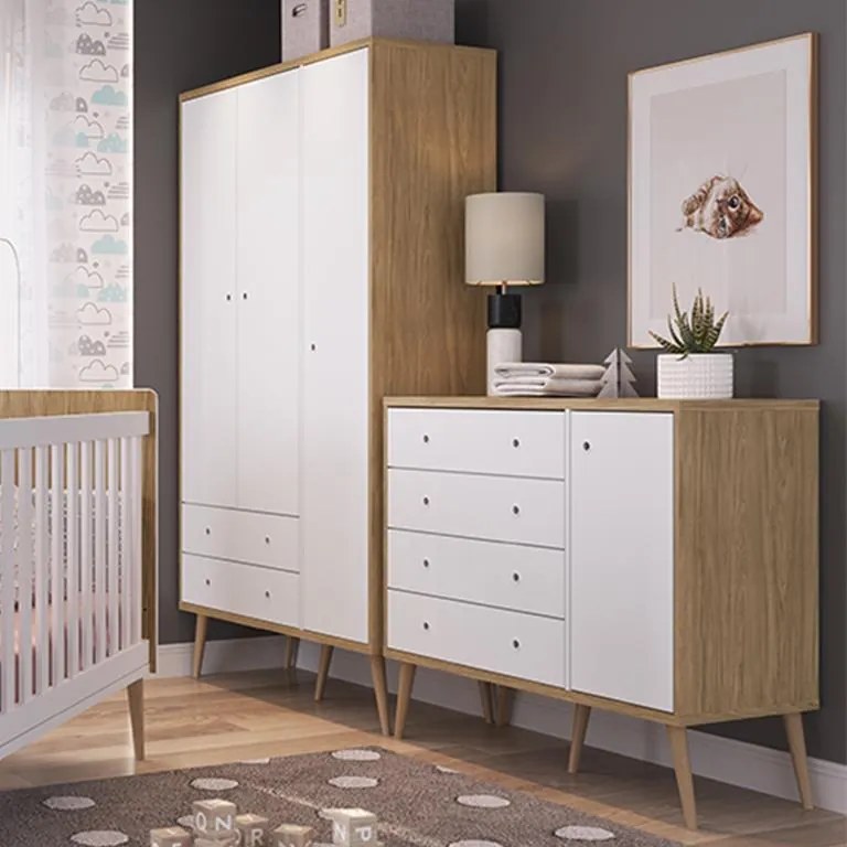 Roupeiro Infantil Retrô 2 Gavetas 3 Portas Pés Palito Branco/Itapua
