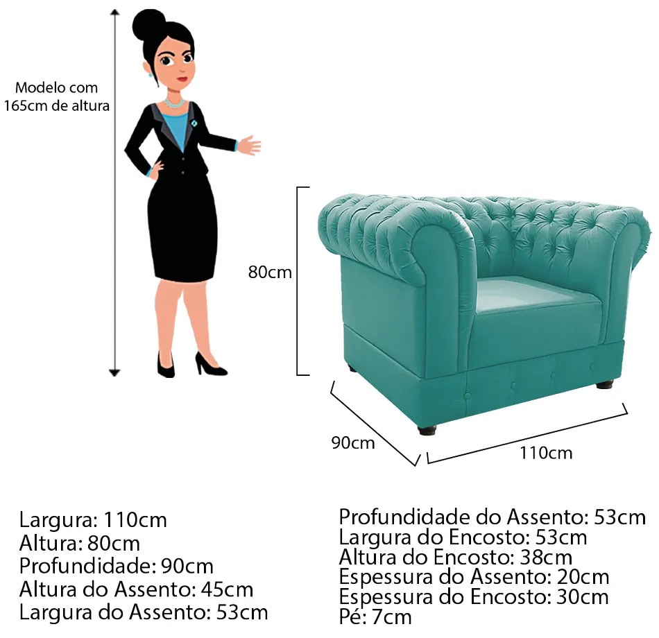 Kit Poltrona e Namoradeira Chesterfield Ana Suede Azul Tiffany - ADJ Decor