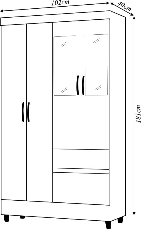 Guarda Roupa Solteiro Abruzzo 4 Portas de Bater 2 com Espelhos 2 Gavetas Nature G98 - Gran Belo