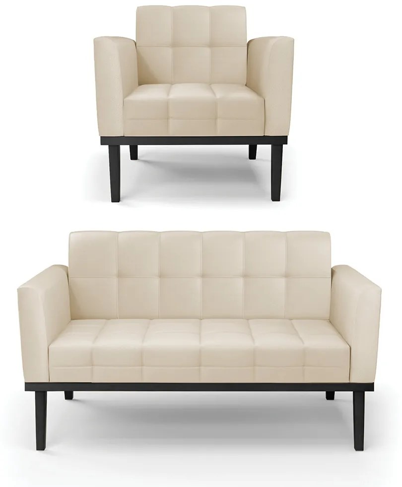 Conjunto Poltrona e Namoradeira Decorativa Karen Pés Fixo em Madeira Preto PU Bege G19 - Gran Belo