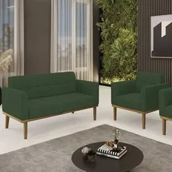 Sofá Namoradeira e 1 Poltrona Base Madeira Castanho Ana Veludo Verde -