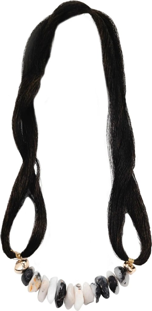 Colar de Mesa Palha Seda Fina Turmalina Negra c/ Quartzo Branco G