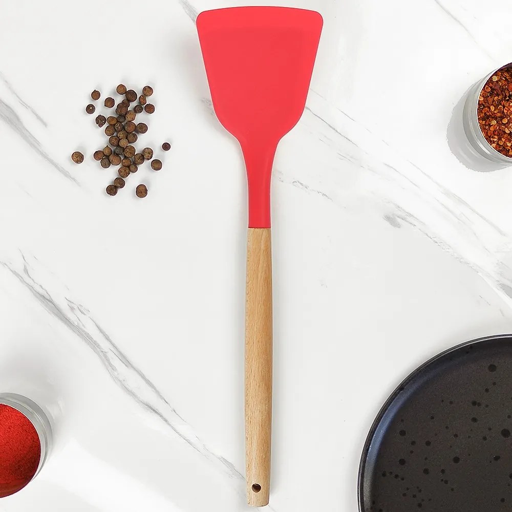 Espátula de Silicone com Cabo de Madeira - Vermelho