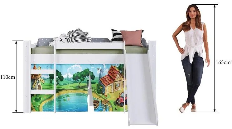 Cama Infantil Elevada com Escorregador Cortina Fazendinha