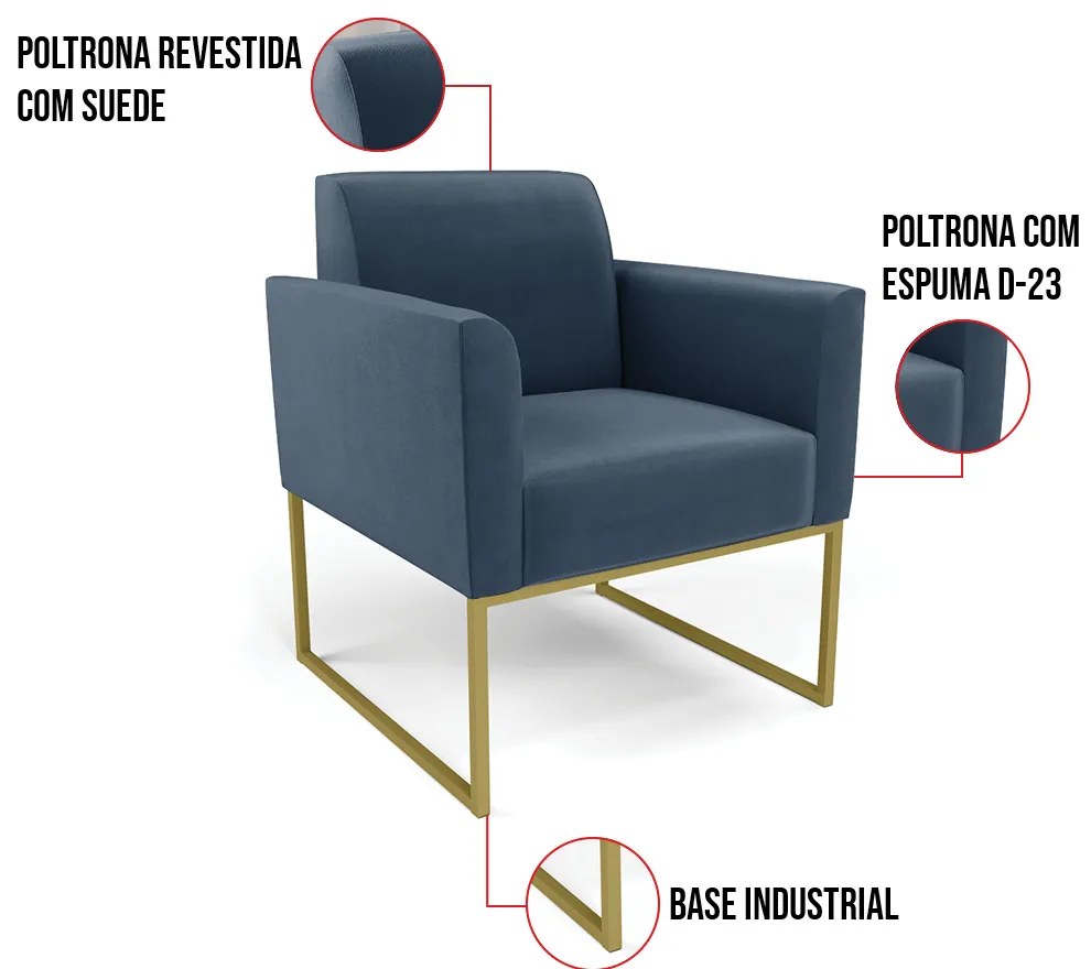 Kit 2 Poltronas Base Industrial Dourado Marisa Suede - Azul Marinho