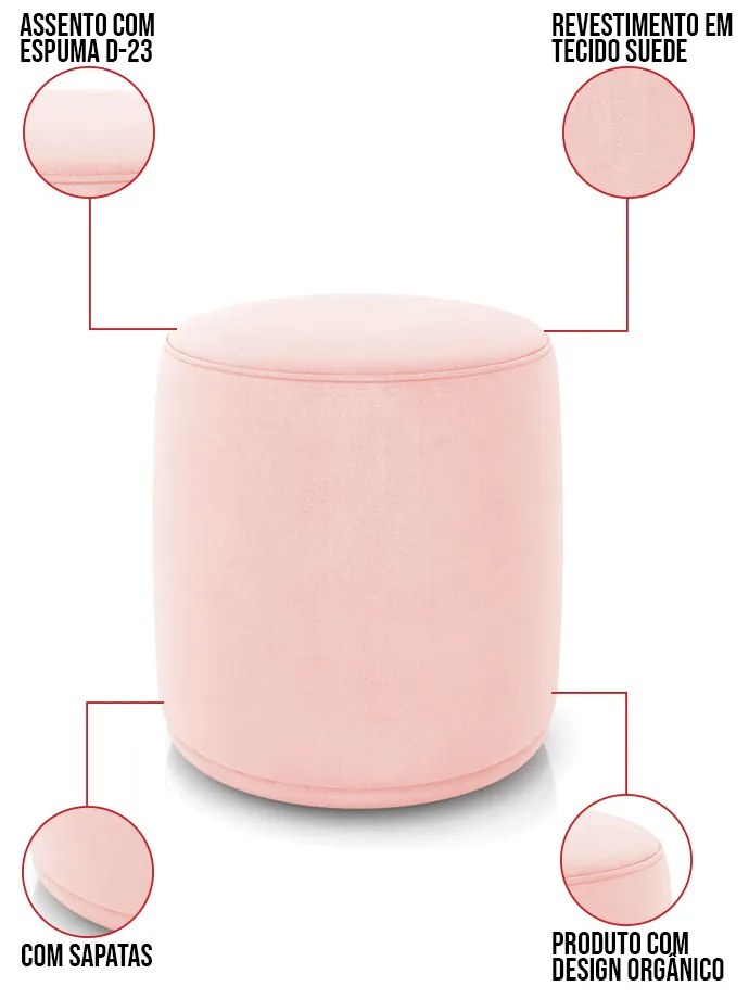 Puff Redondo Orgânico para Sala Malu Suede M11 - D'Rossi - Rosa Bebê