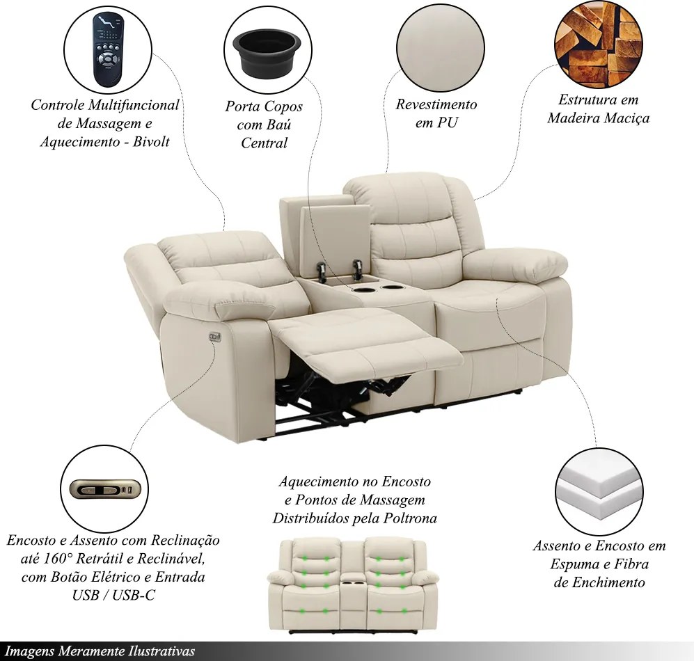 Conjunto Poltronas 2 e 3 Lugares Elétricas Sala de Cinema Hollywood com Massagem Aquecimento Entrada USB/USB-C PU Bege G94 - Gran Belo
