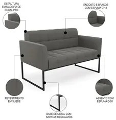 Sofá Namoradeira e 2 Poltronas Base Industrial Preto Ana Suede Grafite
