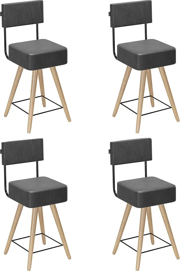 Banqueta Baixa Cozinha 50cm Encosto Pé Madeira Kit 4 Barcelona Pu S02 - D'Rossi - Preto