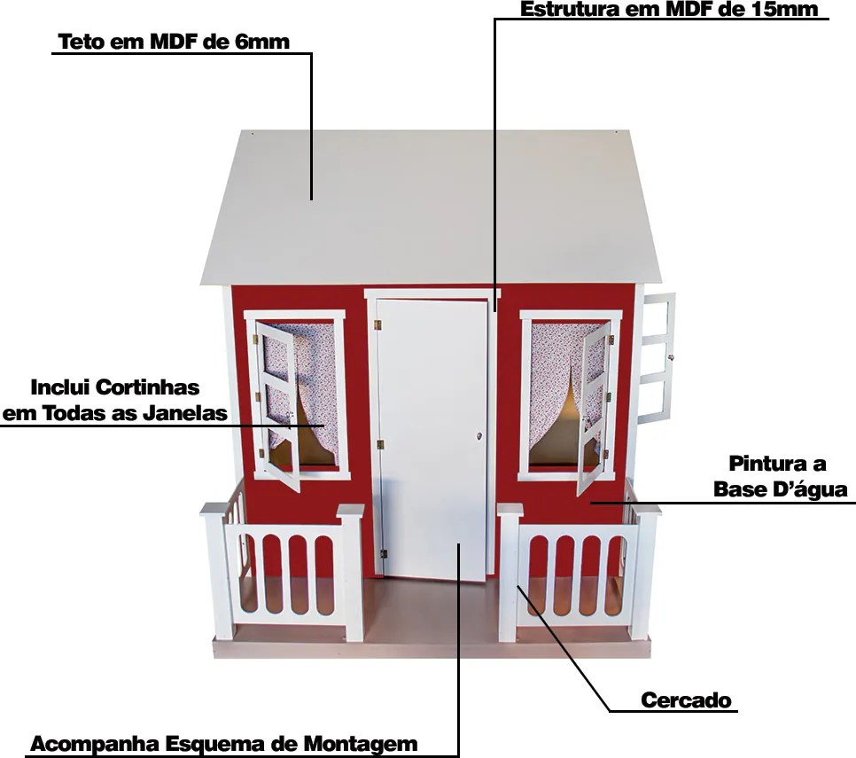 Casinha de Brinquedo com Cercado e Cortinas Vermelho/Branco L12 - Gran Belo