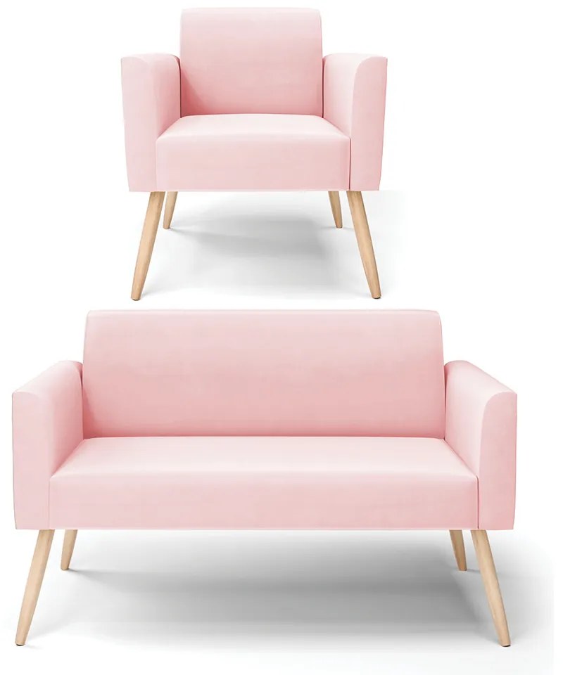 Sofá Namoradeira com Poltrona Pés Palito Natural Marisa Suede Rosa Bebê D03 - DRossi
