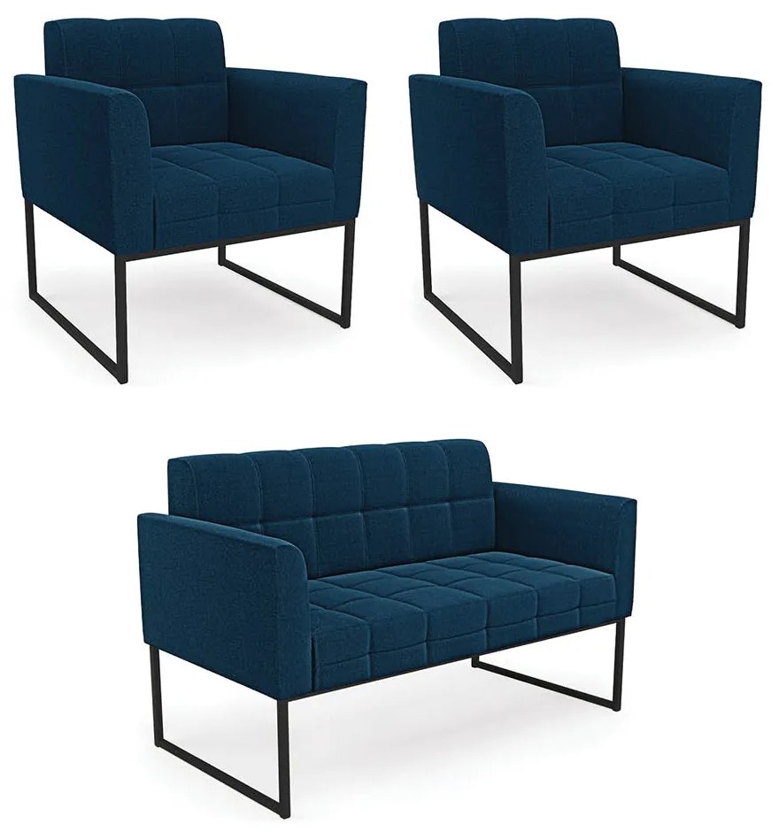 Sofá Namoradeira e 2 Poltronas Industrial Pto Elisa Bouclê D03 - DRossi - Azul