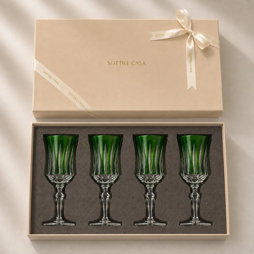 Kit 4 Taças de Cristal Flauta Lapidado 66 p/ Vinho Tinto c/ Caixa de Presente - Verde Escuro Verde Escuro